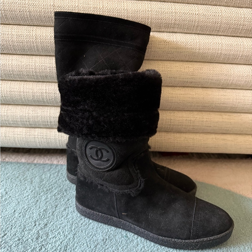 CHANEL Full Shearling Lined Suede Knee, Calf, Ankle Fold Over Winter Boots